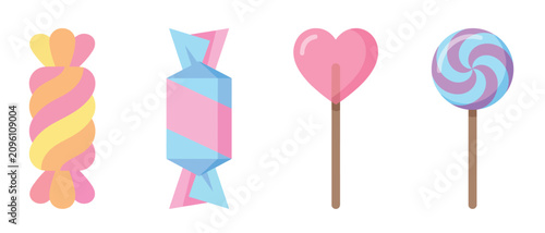 Set of four colorful sweet candy illustrations on a transparent background featuring swirl pattern wrapped treats and heart shaped lollipop icons for creative design projects.