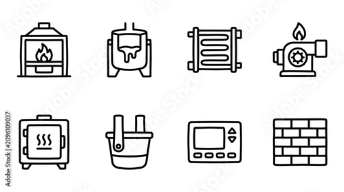 Heating and Sauna Equipment Icons: Fireplace, Boiler, Radiator, Burner, Stove, Bucket, Control Panel, Brick Wall