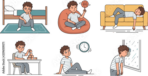 Tableau sur toile Bored and Lonely Boy Clipart Collection Vector Featuring Flat Cartoon Kid Poses