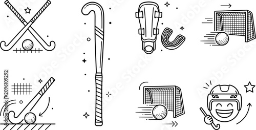 Принти на полотні Field hockey sports equipment line icon set with sticks ball goal net shin guard