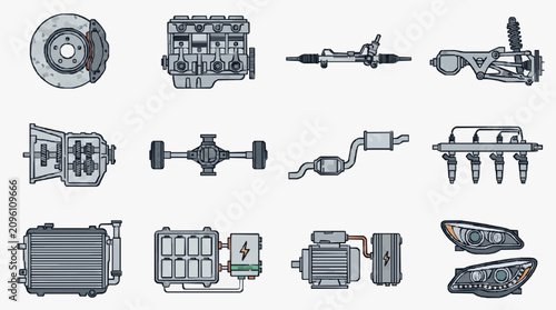 Foto Engine Components and Vehicle Parts Lineup.