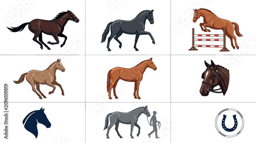 Quadro su tela Varsity Equestrian Show Jumping Mascot Set Vector Featuring Flat Cartoon Horse L