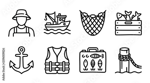 Photography Fishing Equipment Icons Set: Fisherman, Boat, Net, Catch, Anchor, Vest, Tackle B
