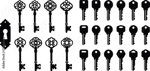 Canvastavla Vintage skeleton keys and modern house keys collection with ornate keyhole plate