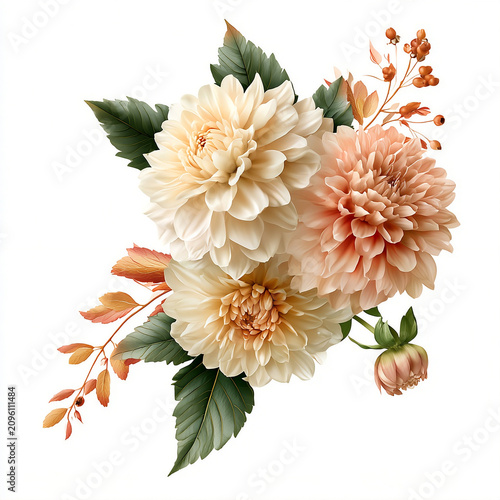 Flowers arranged together with leaves and berries in a simple layout