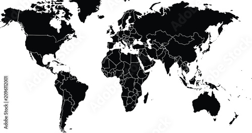 Canvastavla Black world map with country borders on white background
