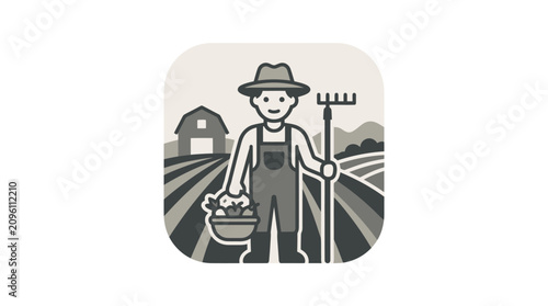 Foto Man in overalls holding farm tools.
