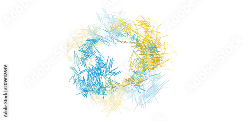 Tableau sur toile abstract circular composition with blue beige yellow brush strokes and dynamic t