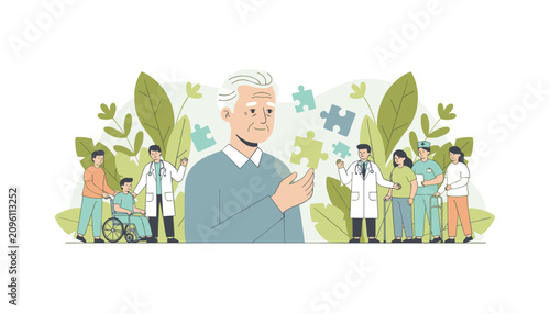 Healthcare concept for senior citizens showing medical staff caring for elderly patients with physical and cognitive needs.