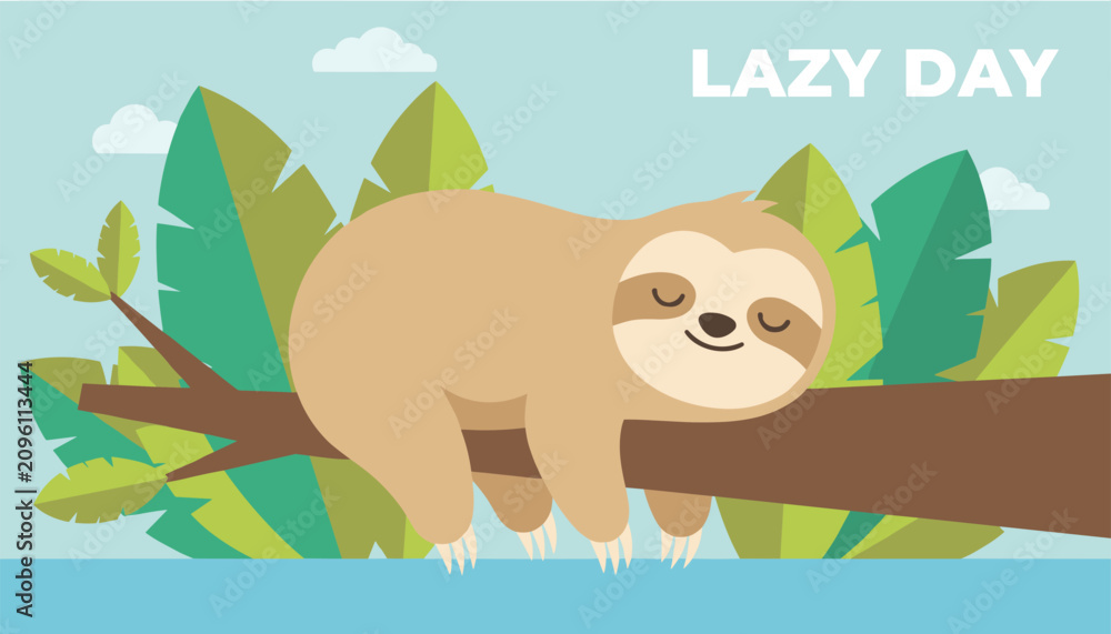 Obraz premium Cute brown sloth sleeping peacefully on a thick tree branch surrounded by lush tropical jungle leaves on a lazy day.