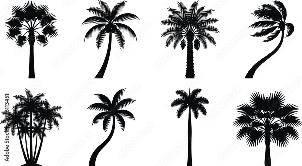 Fototapeta premium Tropical Palm Tree Silhouette Vector Collection with Diverse Trunk Shapes and Leaf Patterns for Design Use