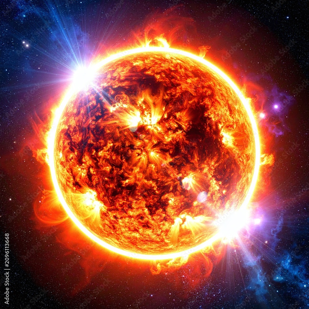 Fototapeta premium A powerful, fiery sun radiates intense heat and dramatic solar flares in the deep, dark cosmos. This aweinspiring star evokes immense energy, warmth, and raw power. Nobody.