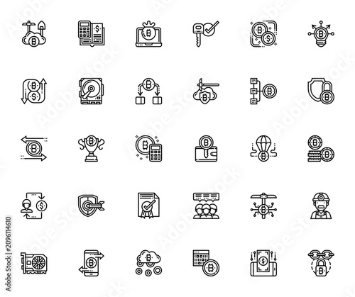 Bitcoin icon set. Cryptocurrency vector icon set. Minimalist icons pack. Includes symbols for mining, ledger, exchange, blockchain, security, transaction and more. Editable vector stroke.