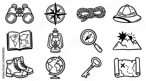 Tableau sur toile Hand drawn doodle style collection of adventure and exploration themed icons