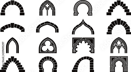 Cuadro en lienzo Architectural arch silhouette set with Romanesque, Gothic, Moorish, ogee, and se