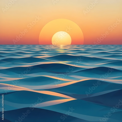 Minimalist vector ocean waves under a warm stylized golden sunset