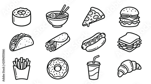 Cuadro en lienzo Hand-Drawn Fast Food Icons: Sushi, Ramen, Pizza, Burger, Taco, Burrito, Hot Dog,