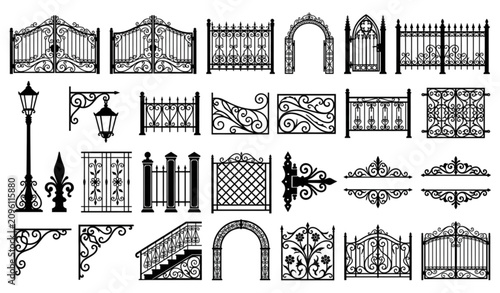 Foto Elegant Wrought Iron Fence and Lamp Post Designs with Decorative Scrollwork, Vin