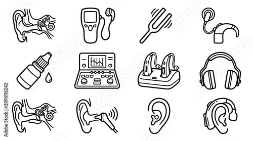 Tableau sur toile Hearing Aid Icons: Audiology, Ear Anatomy, Hearing Loss Devices, and Testing Equ