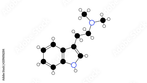 Fotografie dimethyltryptamine molecule, structural chemical formula, ball-and-stick model,
