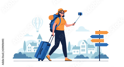 Adventurous traveler with backpack and suitcase takes selfie while exploring scenic European village destinations during summer vacation trip.