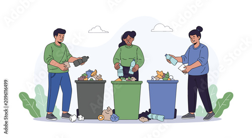 Three environmentally conscious citizens sort plastic, metal, and organic waste into colored recycling bins to help protect natural world.