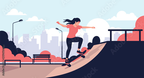 Energetic woman practicing her skateboarding skills on a ramp in an urban park with city buildings and trees in the background.
