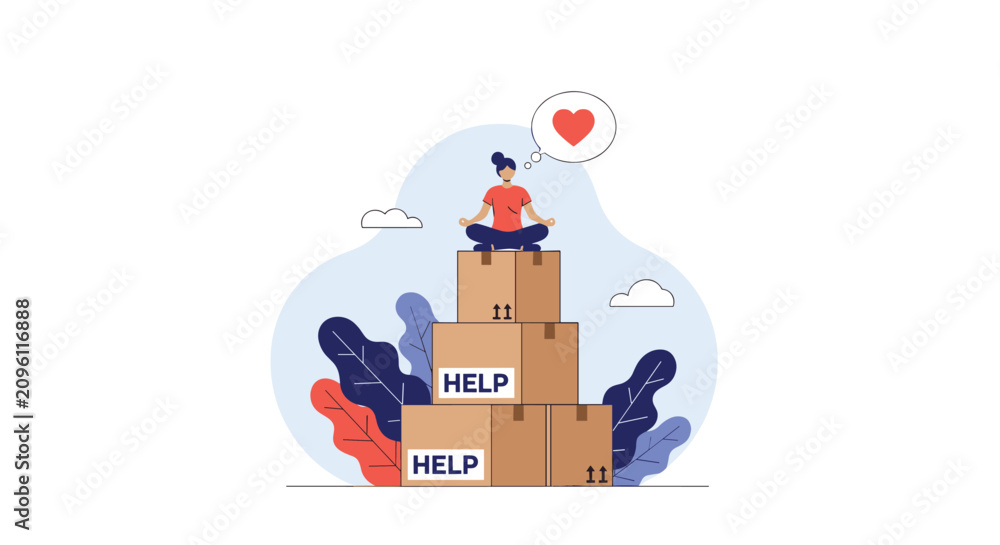 Naklejka premium Calm woman meditating on a stack of donation boxes marked with HELP to show support and love for a charity cause.