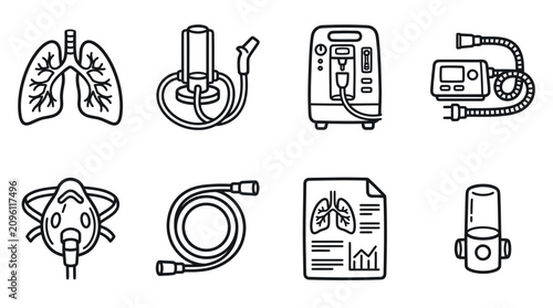 Foto Medical Respiratory Equipment Icons Set: Lungs, Ventilator, Oxygen Concentrator,