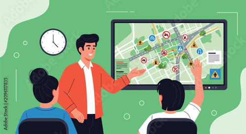 Male teacher in orange jacket points to a digital map with various traffic signs while educating two students in a classroom.