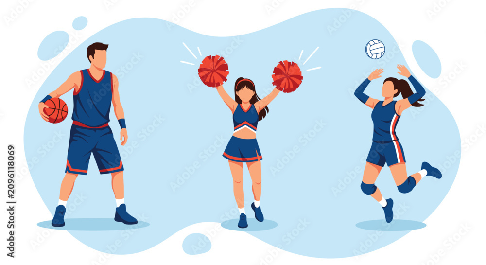 Fototapeta premium Illustration of three individuals engaged in different sports: basketball, cheerleading, and volleyball on a light blue background.
