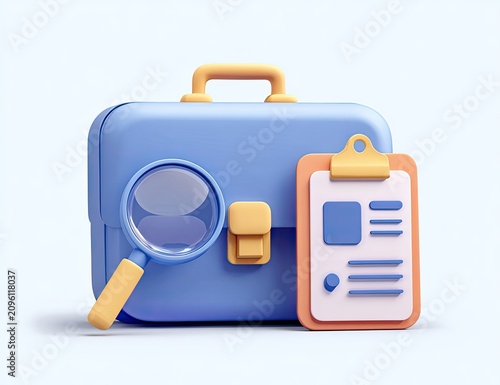 Blue 3D briefcase with a magnifying glass and clipboard, on a soft blue background