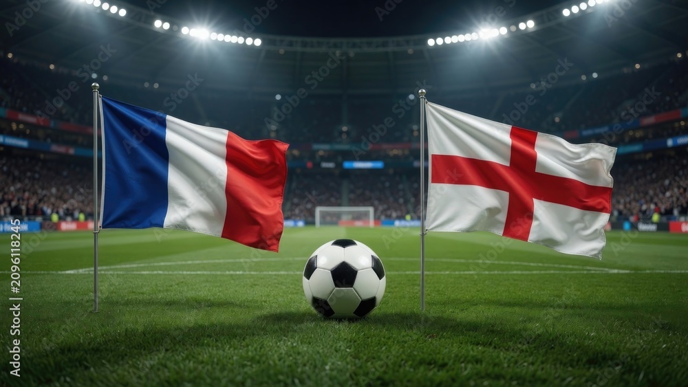 Obraz premium Flags of France and England stand proudly on pitch, symbolizing rivalry and unity in sports