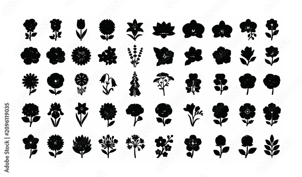 Fototapeta premium Modern Botanical Flower Symbol Icons Set Flat Vector Illustration