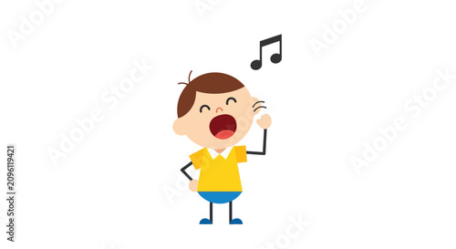 фотографія A cartoon boy sings loudly outdoors with a music note floating above