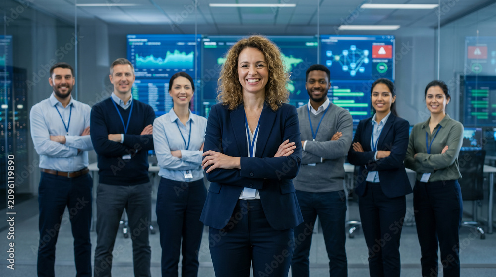 Obraz premium Diverse cybersecurity professionals standing together inside modern security operations center led by confident smiling female cybersecurity manager, enterprise IT security team portrait collaboration