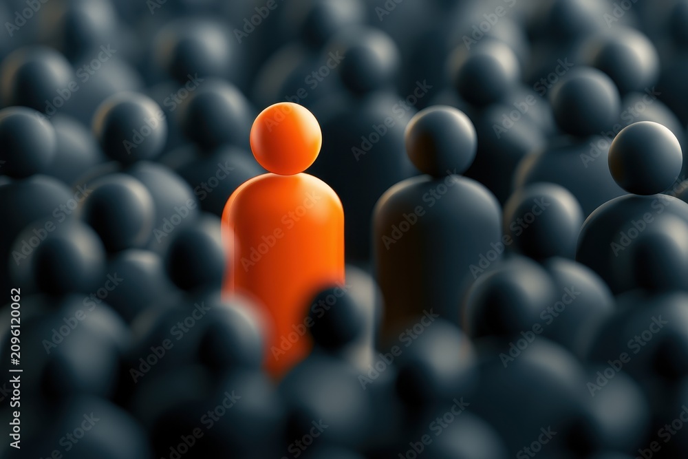 Obraz premium Vibrant orange miniature figure rising above dark silhouettes with sharp macro focus and soft bokeh for human resources and leadership branding
