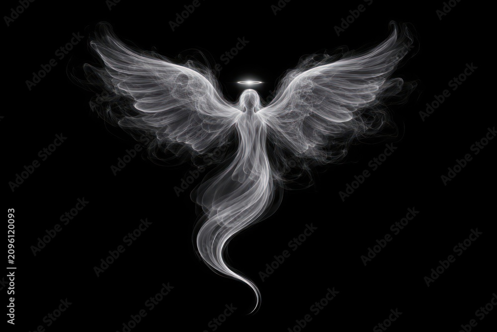 Fototapeta premium Ethereal angel silhouette with wings and halo on a black background.