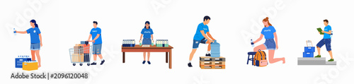 Photos Collection of diverse charity volunteers packing and distributing bottled drinking water for humanitarian aid and community support, isolated flat vector illustrations