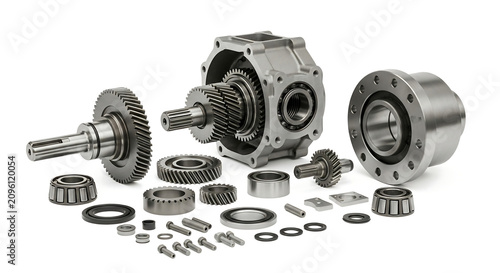 An assortment of precision-engineered mechanical components including gears, bearings, shafts, and a gearbox housing, laid out on a white background.