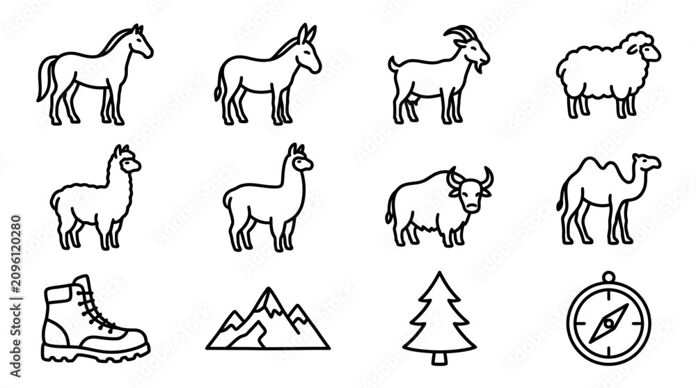 Fototapeta premium Farm Animals and Outdoor Icons: Horse, Donkey, Goat, Sheep, Llama, Yak, Camel, Boot, Mountain, Tree, Compass