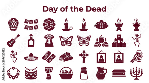 Fotografía Day of the Dead Icons Set Sugar Skull Marigold Bread Of The Dead Guitar Bottle D