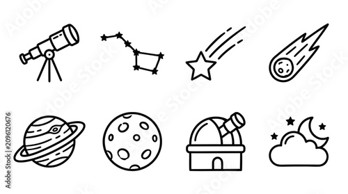 Fotografie Astronomy Icons: Telescope, Constellation, Meteor, Planet, Moon, Observatory, St