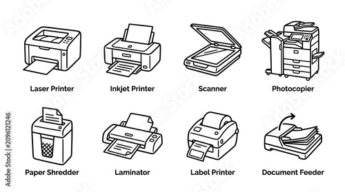 Quadro su tela Office Equipment Icons: Laser Printer, Inkjet Printer, Scanner, Copier, Shredder