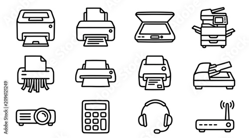 Fotografía Office Equipment Icons: Printer, Scanner, Shredder, Projector, Calculator, Route