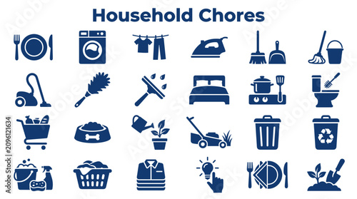 Collection of Household Chores Icons representing cleaning, maintenance, and home care tasks like laundry, ironing, vacuuming, and gardening for domestic services and lifestyle concepts.