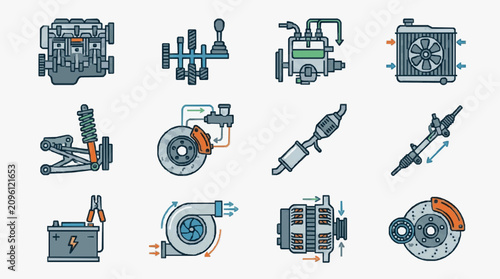 Photos Illustrated automotive maintenance tools and engine parts.