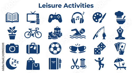 Konstfotografi Collection of leisure activity icons representing hobbies and relaxation on a wh