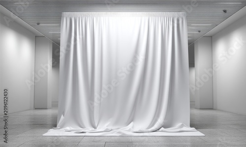 Minimalist art gallery. White cloth covers a central form, lit from above, in a long corridor