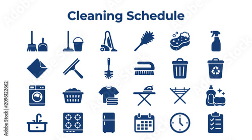 Obraz na płótnie Set of cleaning schedule icons representing household chores and tools, creating a visual guide for home maintenance and organization